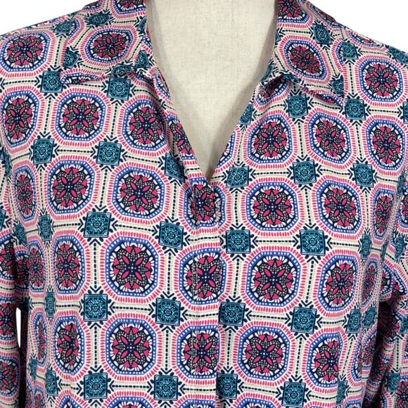 Chico’s SZ 1 (8/10) Midi Dress Medallion Button-Up 3/4 Sleeve Stretch V-Neck - Picture 2 of 7